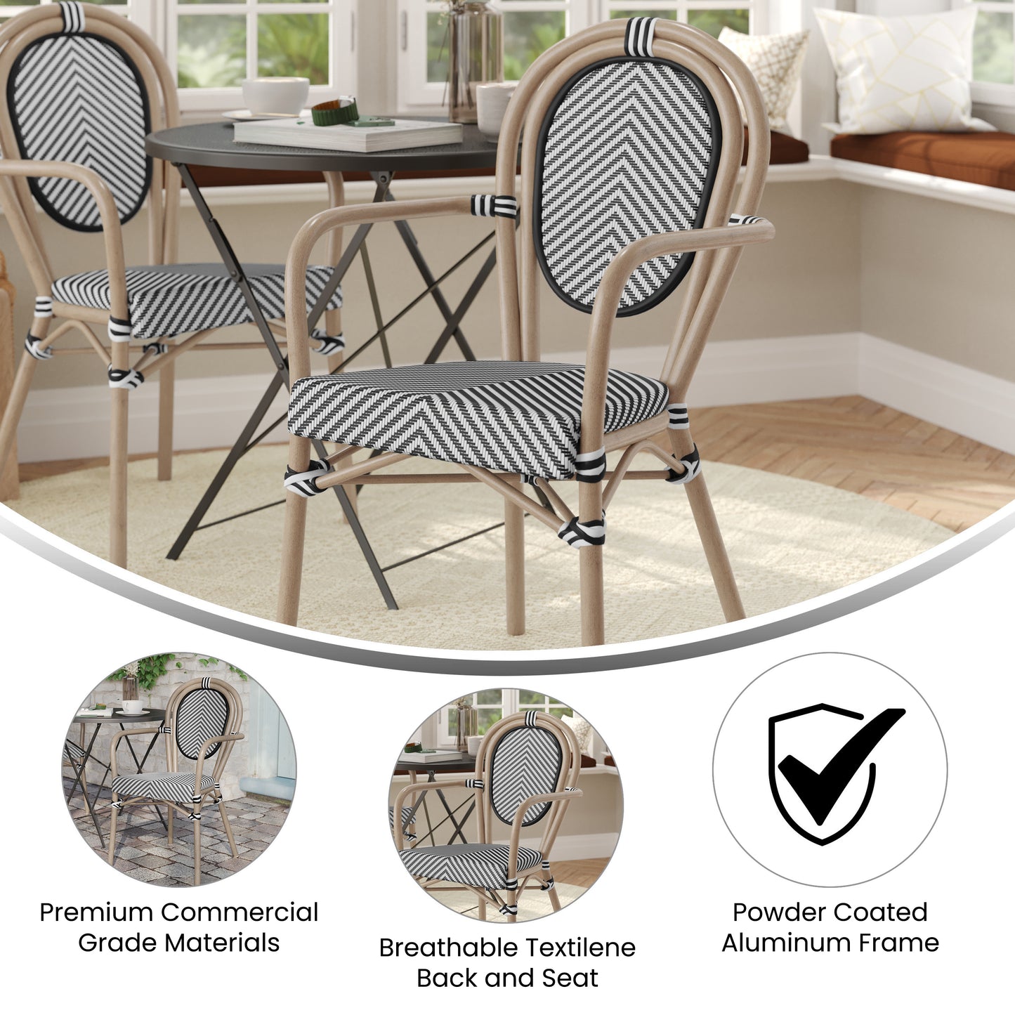 Marseille Indoor/Outdoor Commercial Thonet Bistro Stacking Chair with Arms, Black/White Textilene and Bamboo Print Aluminum Frame in Natural Black & White/Light Natural Frame