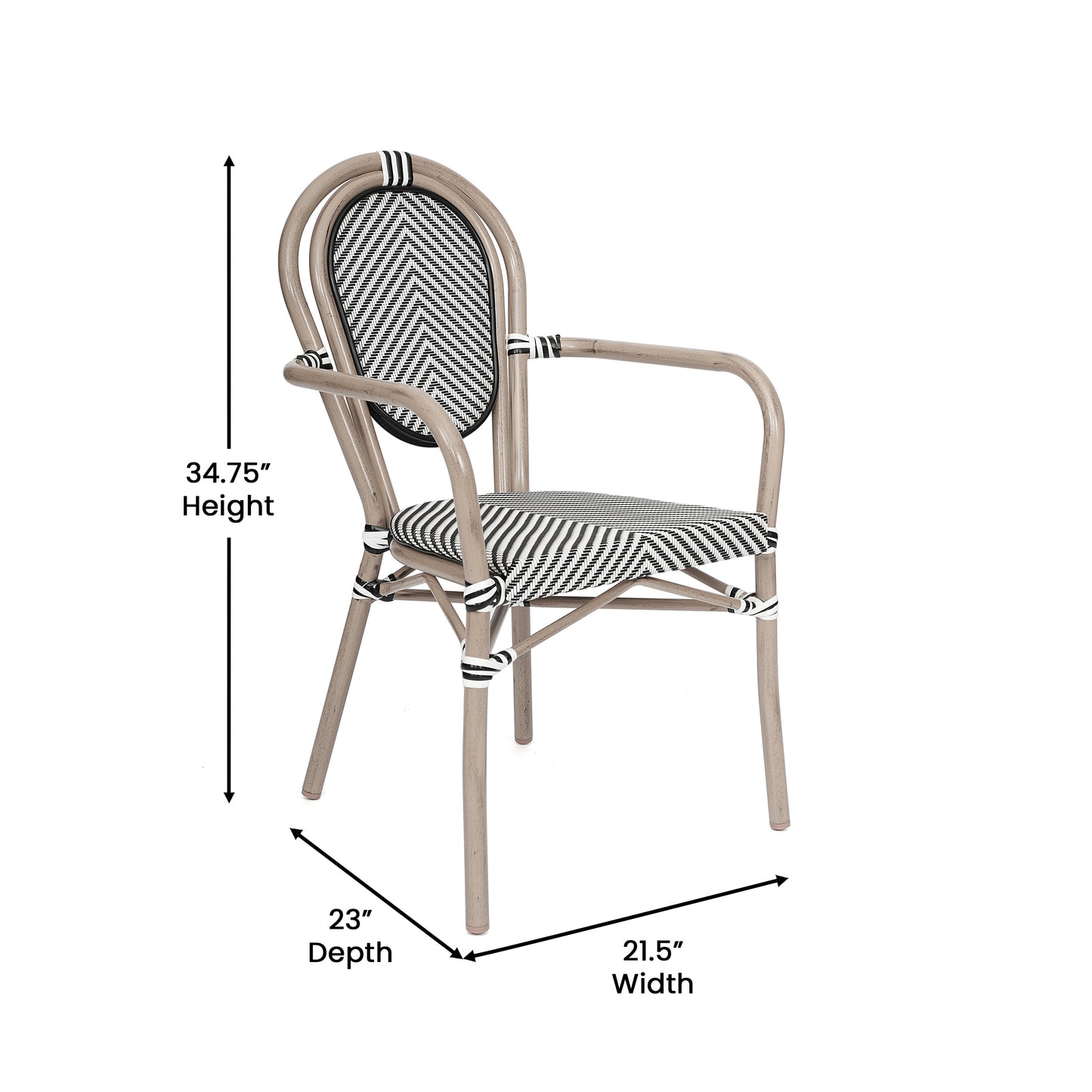 Marseille Indoor/Outdoor Commercial Thonet Bistro Stacking Chair with Arms, Black/White Textilene and Bamboo Print Aluminum Frame in Natural Black & White/Light Natural Frame