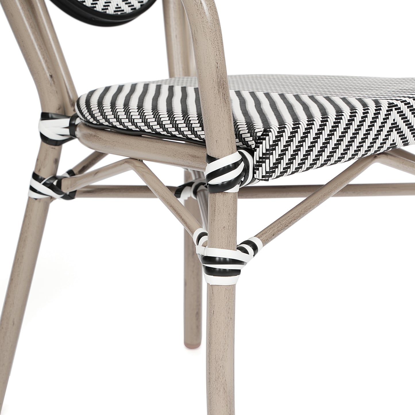 Marseille Indoor/Outdoor Commercial Thonet Bistro Stacking Chair with Arms, Black/White Textilene and Bamboo Print Aluminum Frame in Natural Black & White/Light Natural Frame