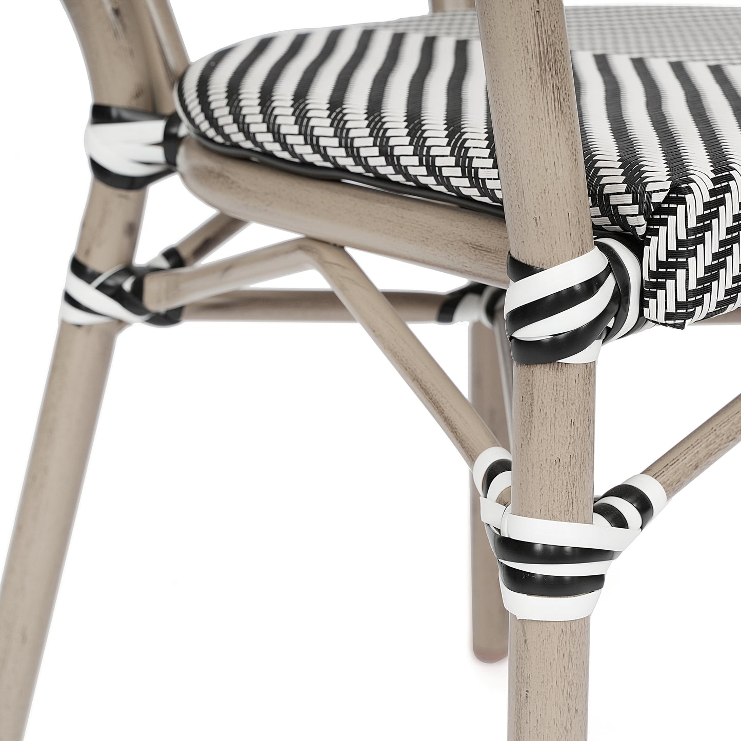 Marseille Indoor/Outdoor Commercial Thonet Bistro Stacking Chair with Arms, Black/White Textilene and Bamboo Print Aluminum Frame in Natural Black & White/Light Natural Frame