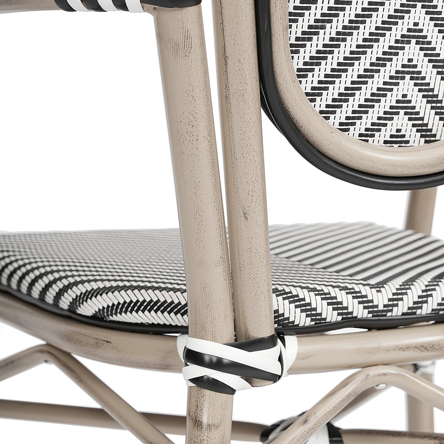 Marseille Indoor/Outdoor Commercial Thonet Bistro Stacking Chair with Arms, Black/White Textilene and Bamboo Print Aluminum Frame in Natural Black & White/Light Natural Frame