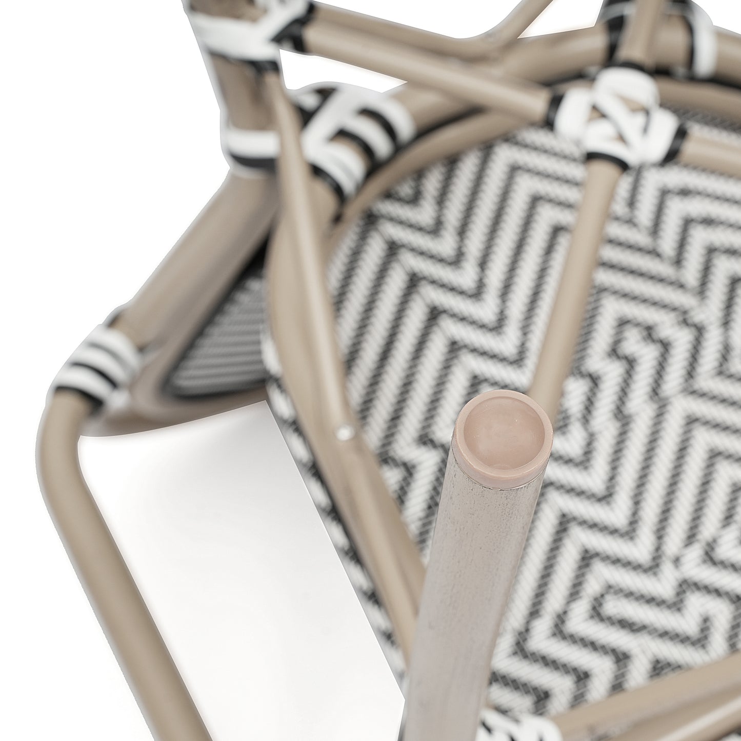 Marseille Indoor/Outdoor Commercial Thonet Bistro Stacking Chair with Arms, Black/White Textilene and Bamboo Print Aluminum Frame in Natural Black & White/Light Natural Frame