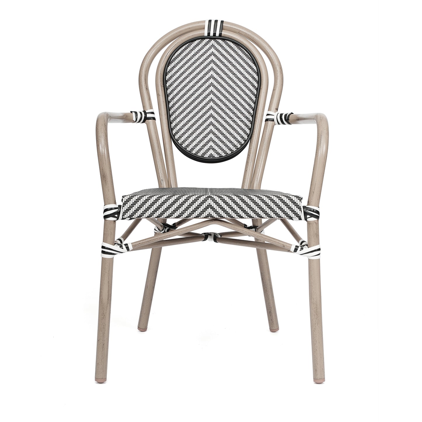Marseille Indoor/Outdoor Commercial Thonet Bistro Stacking Chair with Arms, Black/White Textilene and Bamboo Print Aluminum Frame in Natural Black & White/Light Natural Frame