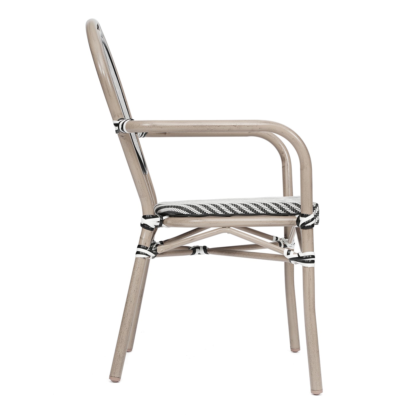Marseille Indoor/Outdoor Commercial Thonet Bistro Stacking Chair with Arms, Black/White Textilene and Bamboo Print Aluminum Frame in Natural Black & White/Light Natural Frame
