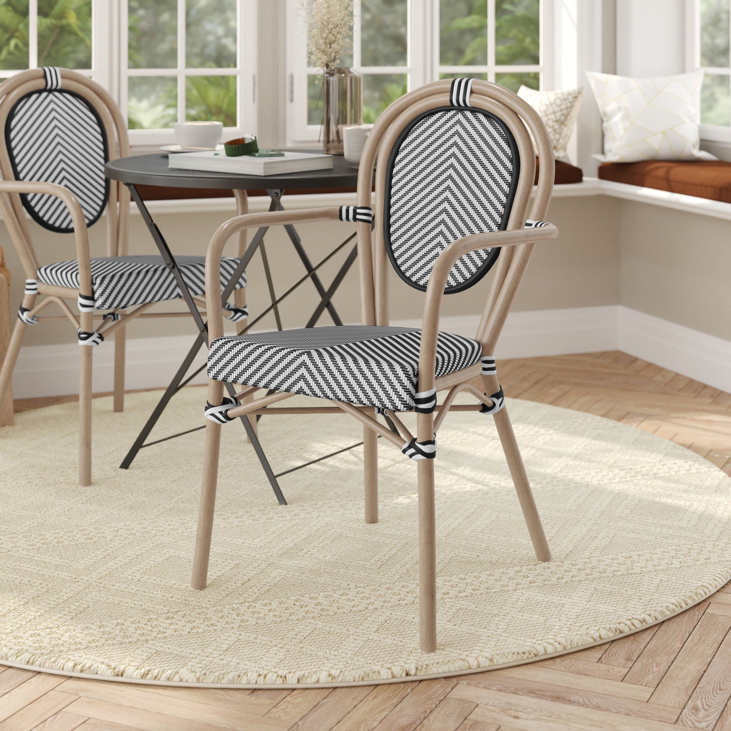 Marseille Indoor/Outdoor Commercial Thonet Bistro Stacking Chair with Arms, Black/White Textilene and Bamboo Print Aluminum Frame in Natural Black & White/Light Natural Frame