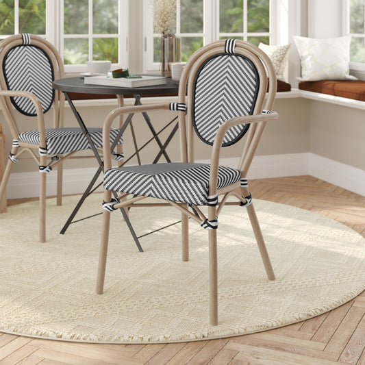 Marseille Indoor/Outdoor Commercial Thonet Bistro Stacking Chair with Arms, Black/White Textilene and Bamboo Print Aluminum Frame in Natural Black & White/Light Natural Frame