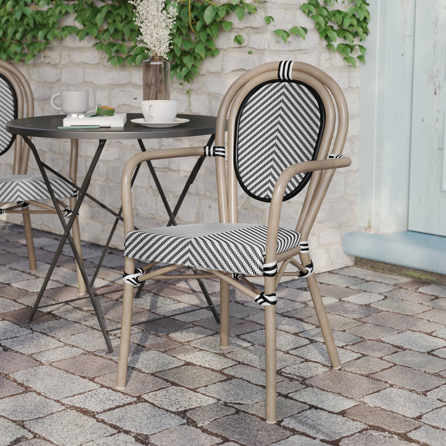 Marseille Indoor/Outdoor Commercial Thonet Bistro Stacking Chair with Arms, Black/White Textilene and Bamboo Print Aluminum Frame in Natural Black & White/Light Natural Frame
