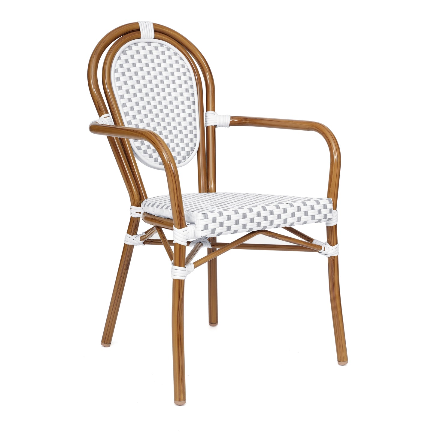 Lourdes Indoor/Outdoor Commercial Thonet Bistro Stacking Chair with Arms, White and Gray PE Rattan and Bamboo Print Aluminum Frame in Natural White & Gray/Natural Frame