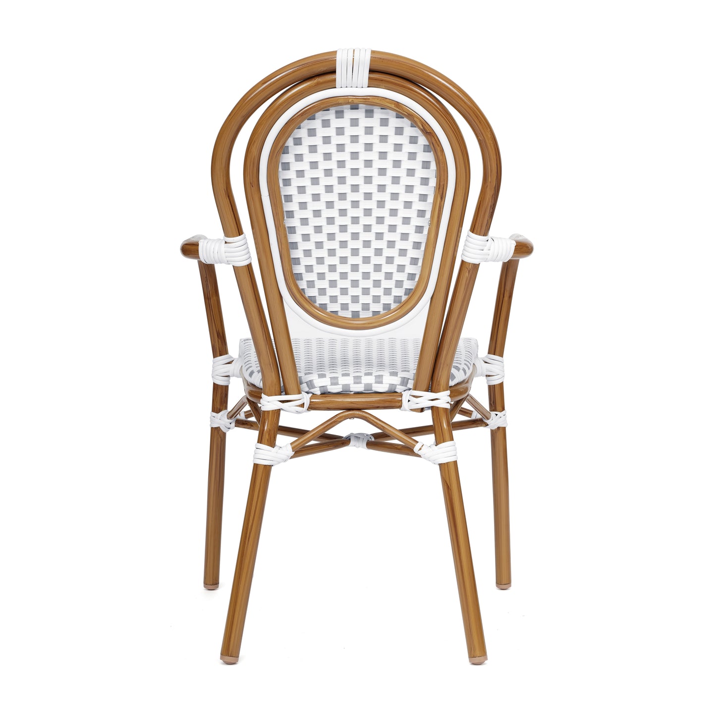 Lourdes Indoor/Outdoor Commercial Thonet Bistro Stacking Chair with Arms, White and Gray PE Rattan and Bamboo Print Aluminum Frame in Natural White & Gray/Natural Frame