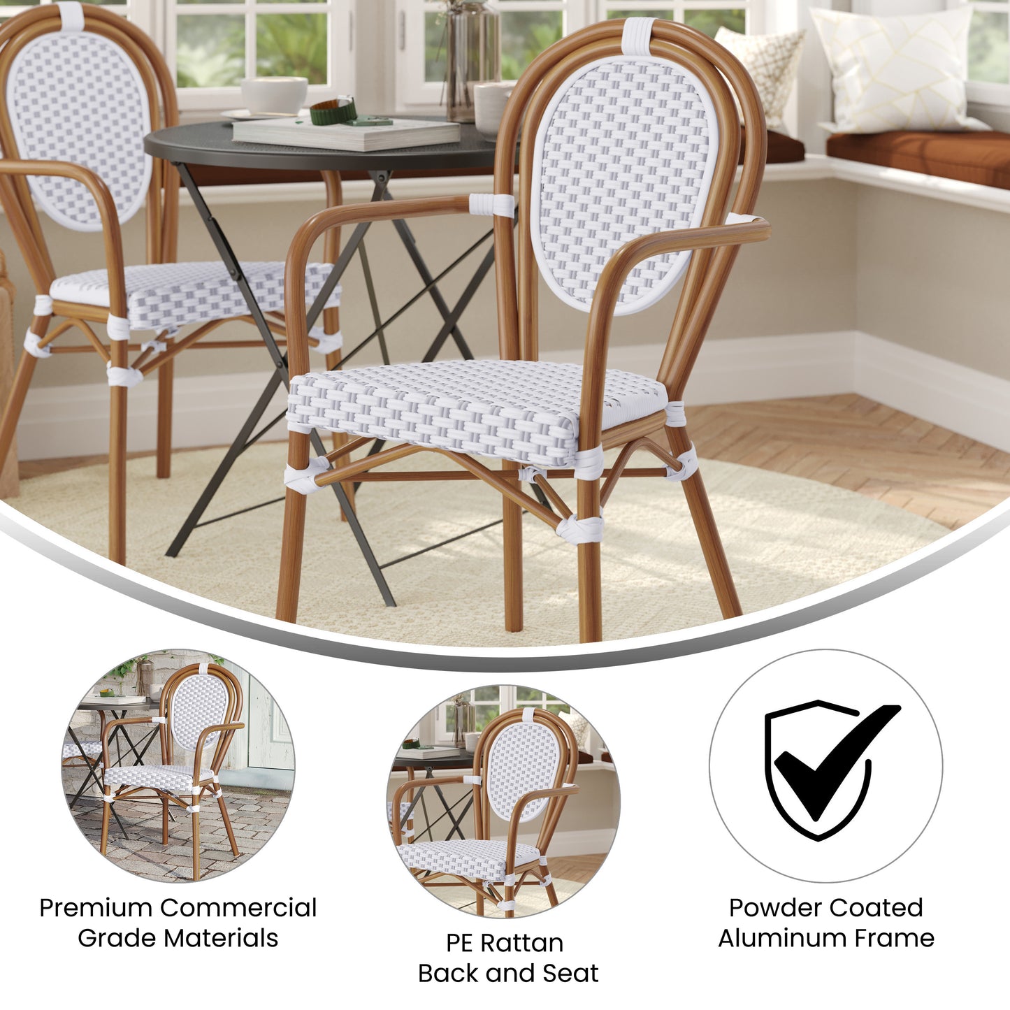Lourdes Indoor/Outdoor Commercial Thonet Bistro Stacking Chair with Arms, White and Gray PE Rattan and Bamboo Print Aluminum Frame in Natural White & Gray/Natural Frame