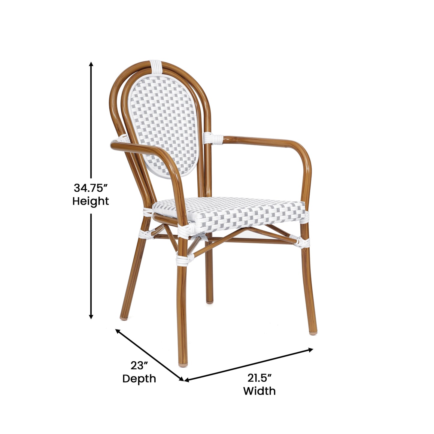 Lourdes Indoor/Outdoor Commercial Thonet Bistro Stacking Chair with Arms, White and Gray PE Rattan and Bamboo Print Aluminum Frame in Natural White & Gray/Natural Frame