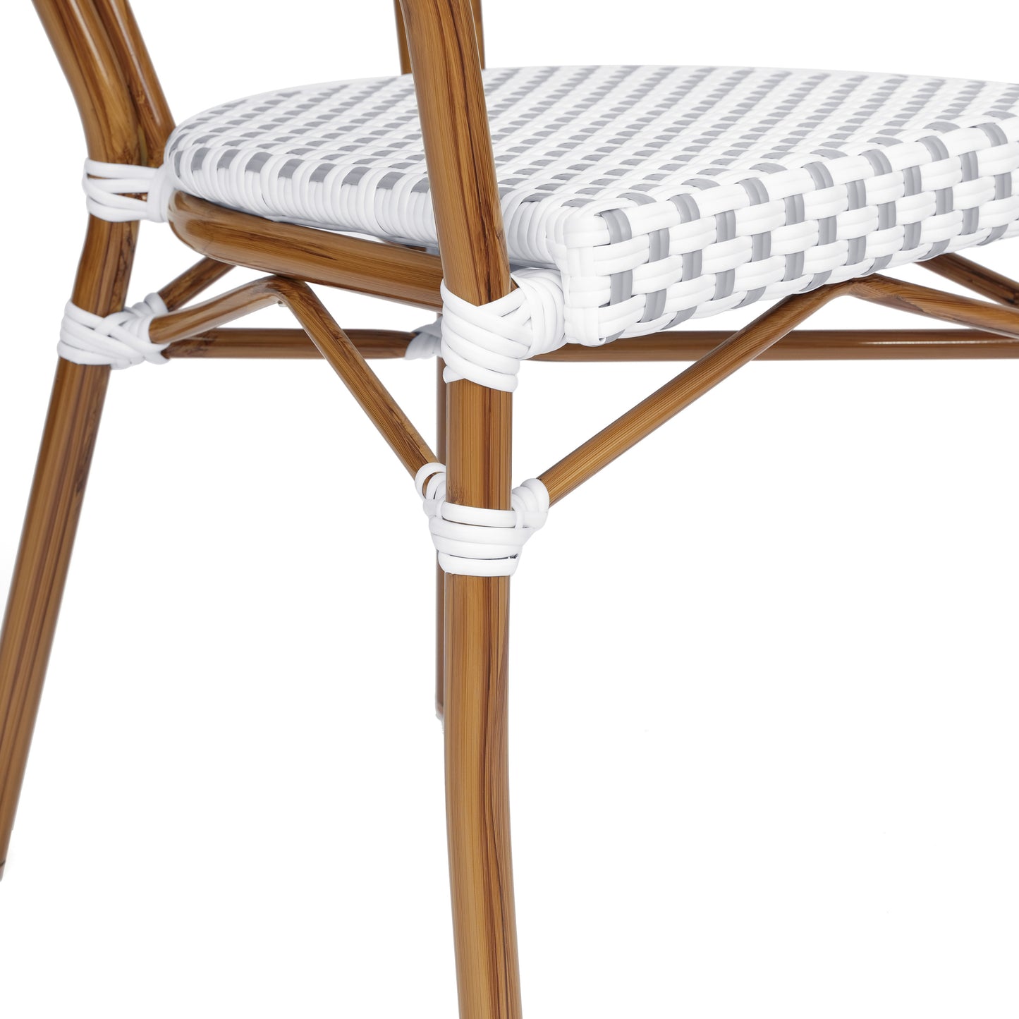 Lourdes Indoor/Outdoor Commercial Thonet Bistro Stacking Chair with Arms, White and Gray PE Rattan and Bamboo Print Aluminum Frame in Natural White & Gray/Natural Frame