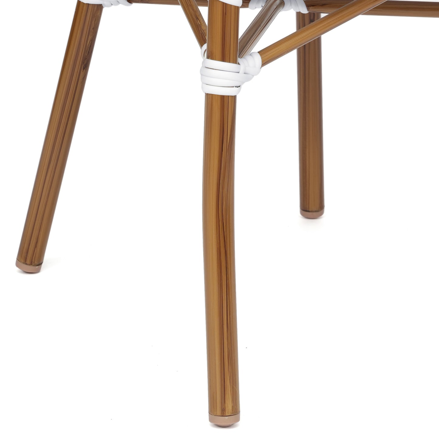 Lourdes Indoor/Outdoor Commercial Thonet Bistro Stacking Chair with Arms, White and Gray PE Rattan and Bamboo Print Aluminum Frame in Natural White & Gray/Natural Frame