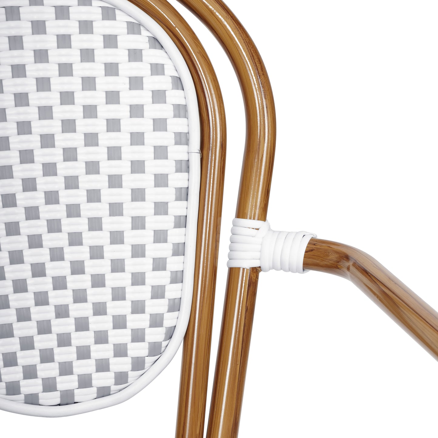 Lourdes Indoor/Outdoor Commercial Thonet Bistro Stacking Chair with Arms, White and Gray PE Rattan and Bamboo Print Aluminum Frame in Natural White & Gray/Natural Frame