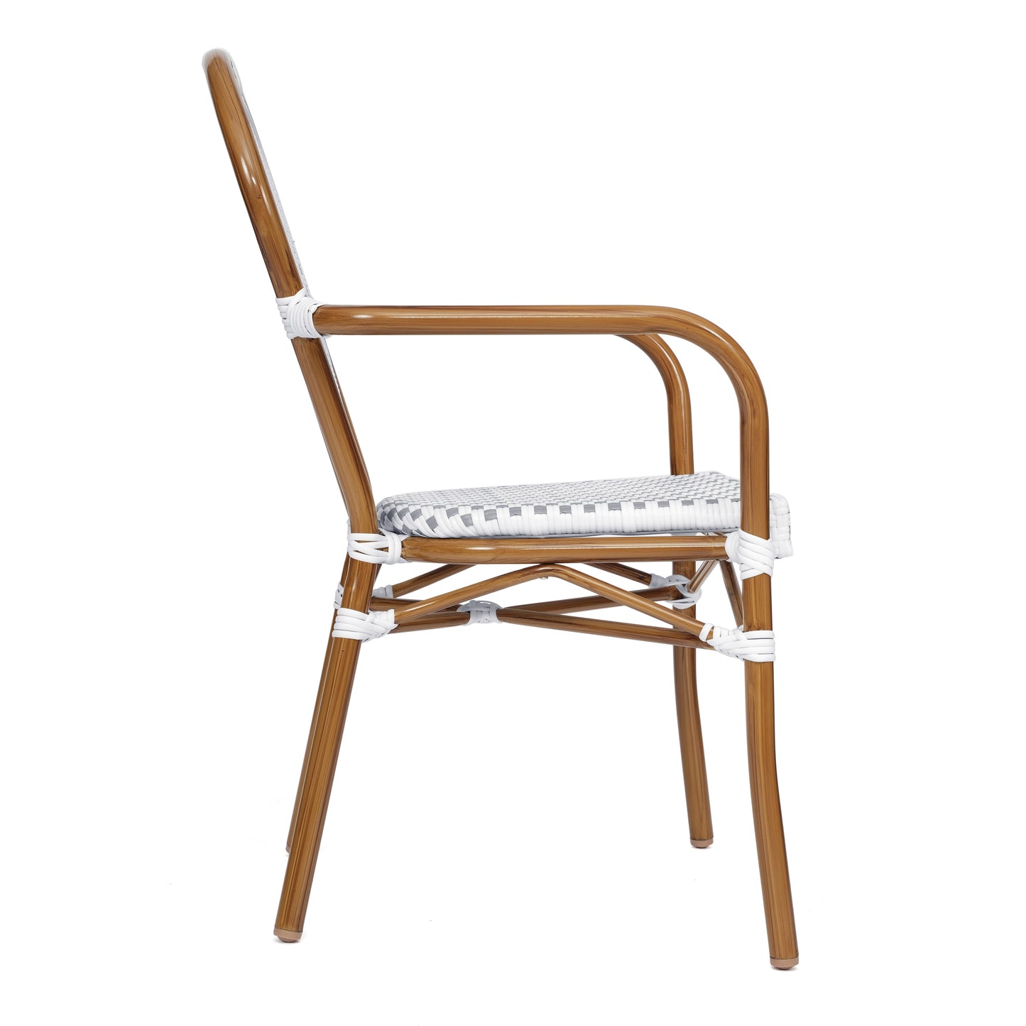 Lourdes Indoor/Outdoor Commercial Thonet Bistro Stacking Chair with Arms, White and Gray PE Rattan and Bamboo Print Aluminum Frame in Natural White & Gray/Natural Frame