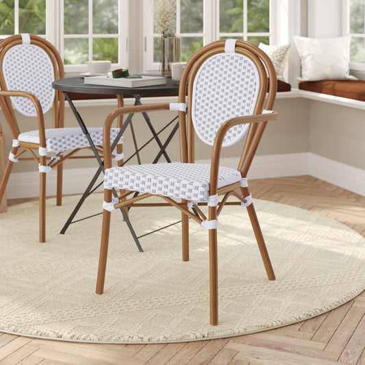 Lourdes Indoor/Outdoor Commercial Thonet Bistro Stacking Chair with Arms, White and Gray PE Rattan and Bamboo Print Aluminum Frame in Natural White & Gray/Natural Frame