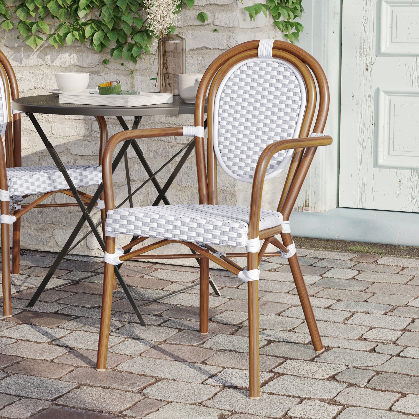Lourdes Indoor/Outdoor Commercial Thonet Bistro Stacking Chair with Arms, White and Gray PE Rattan and Bamboo Print Aluminum Frame in Natural White & Gray/Natural Frame