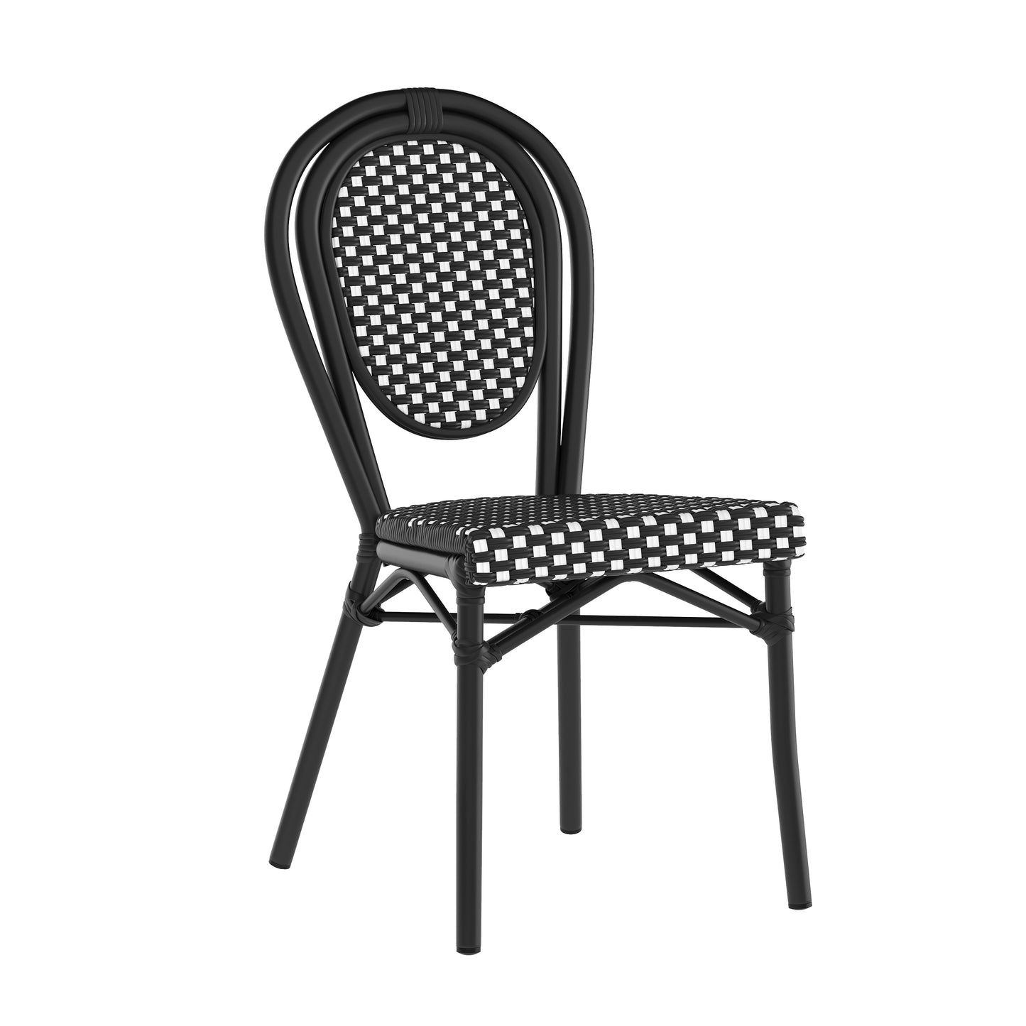 Lourdes Indoor/Outdoor Commercial Thonet Bistro Stacking Chair, Black and White PE Rattan and Black Aluminum Frame Black & White/Black Frame