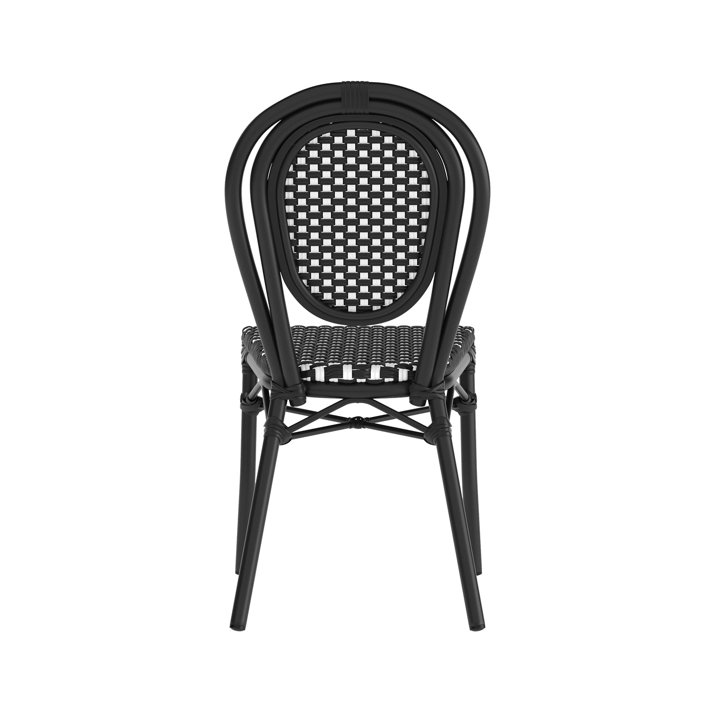 Lourdes Indoor/Outdoor Commercial Thonet Bistro Stacking Chair, Black and White PE Rattan and Black Aluminum Frame Black & White/Black Frame