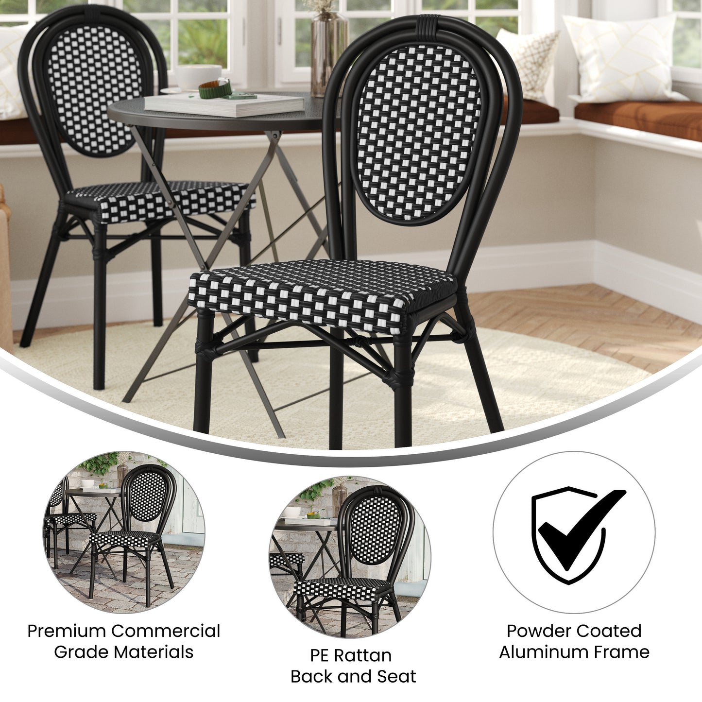 Lourdes Indoor/Outdoor Commercial Thonet Bistro Stacking Chair, Black and White PE Rattan and Black Aluminum Frame Black & White/Black Frame