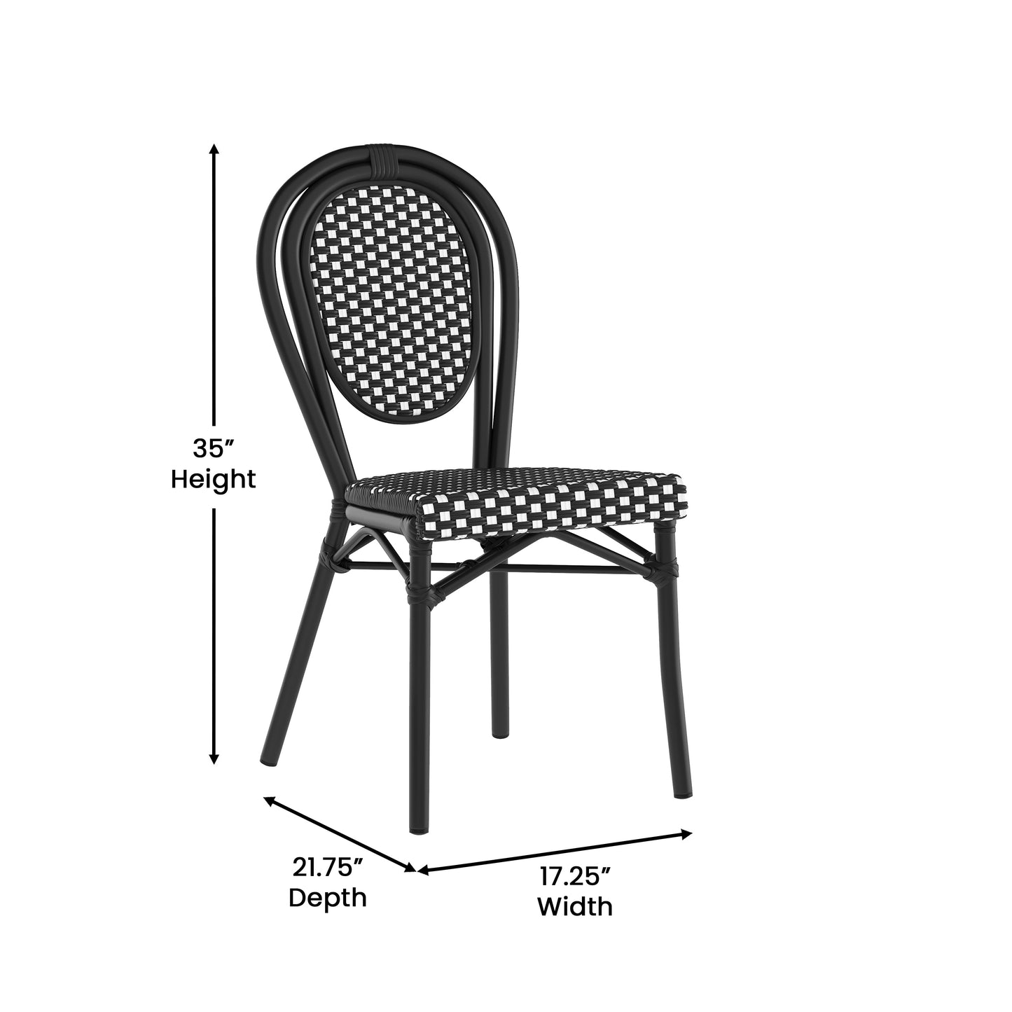 Lourdes Indoor/Outdoor Commercial Thonet Bistro Stacking Chair, Black and White PE Rattan and Black Aluminum Frame Black & White/Black Frame