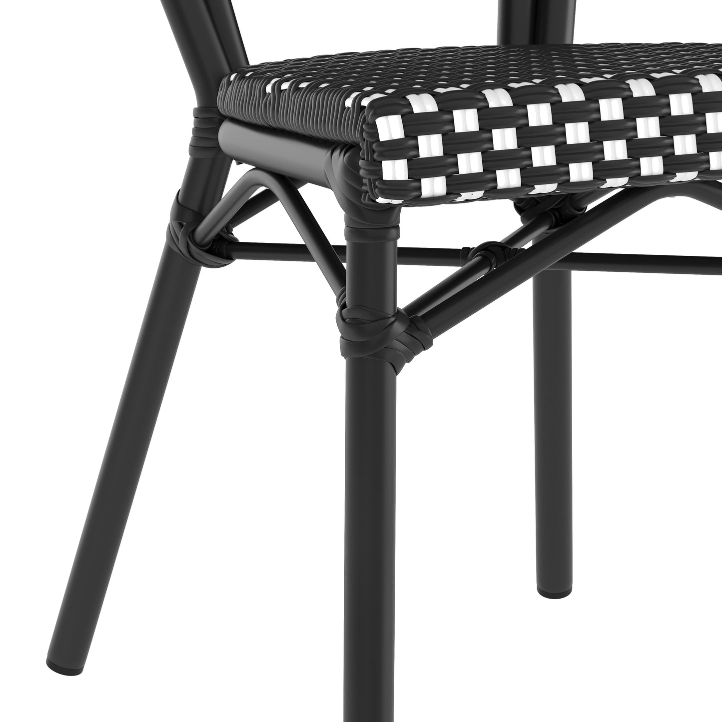 Lourdes Indoor/Outdoor Commercial Thonet Bistro Stacking Chair, Black and White PE Rattan and Black Aluminum Frame Black & White/Black Frame