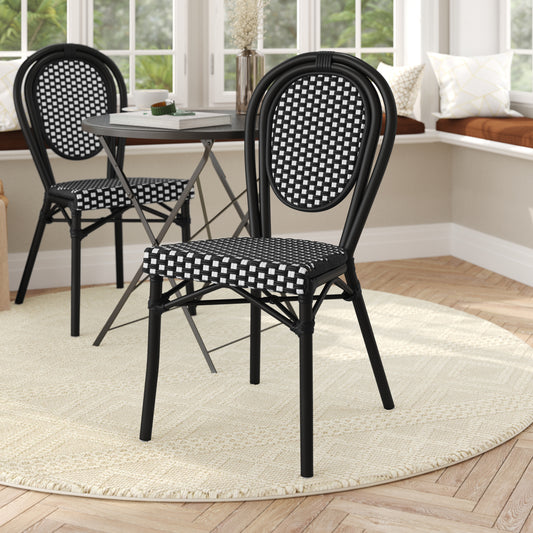 Lourdes Indoor/Outdoor Commercial Thonet Bistro Stacking Chair, Black and White PE Rattan and Black Aluminum Frame Black & White/Black Frame