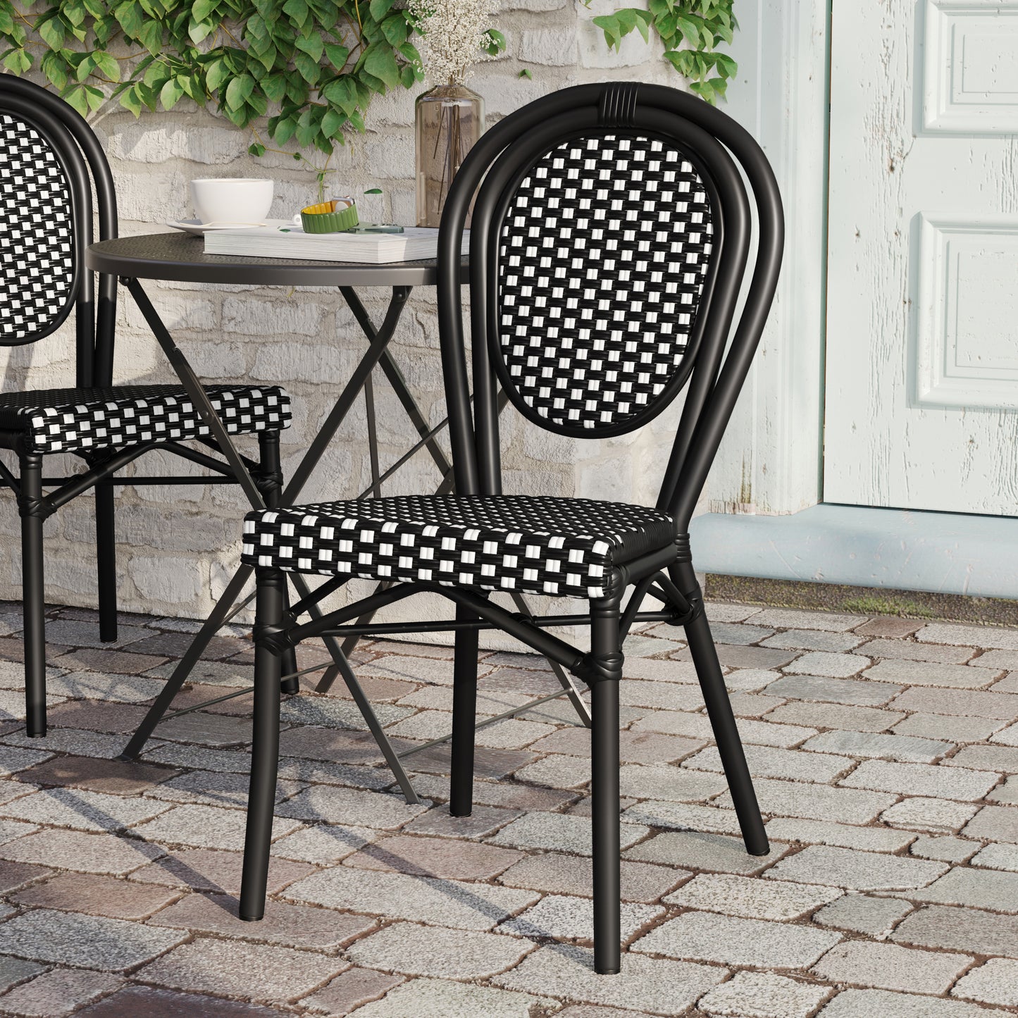 Lourdes Indoor/Outdoor Commercial Thonet Bistro Stacking Chair, Black and White PE Rattan and Black Aluminum Frame Black & White/Black Frame