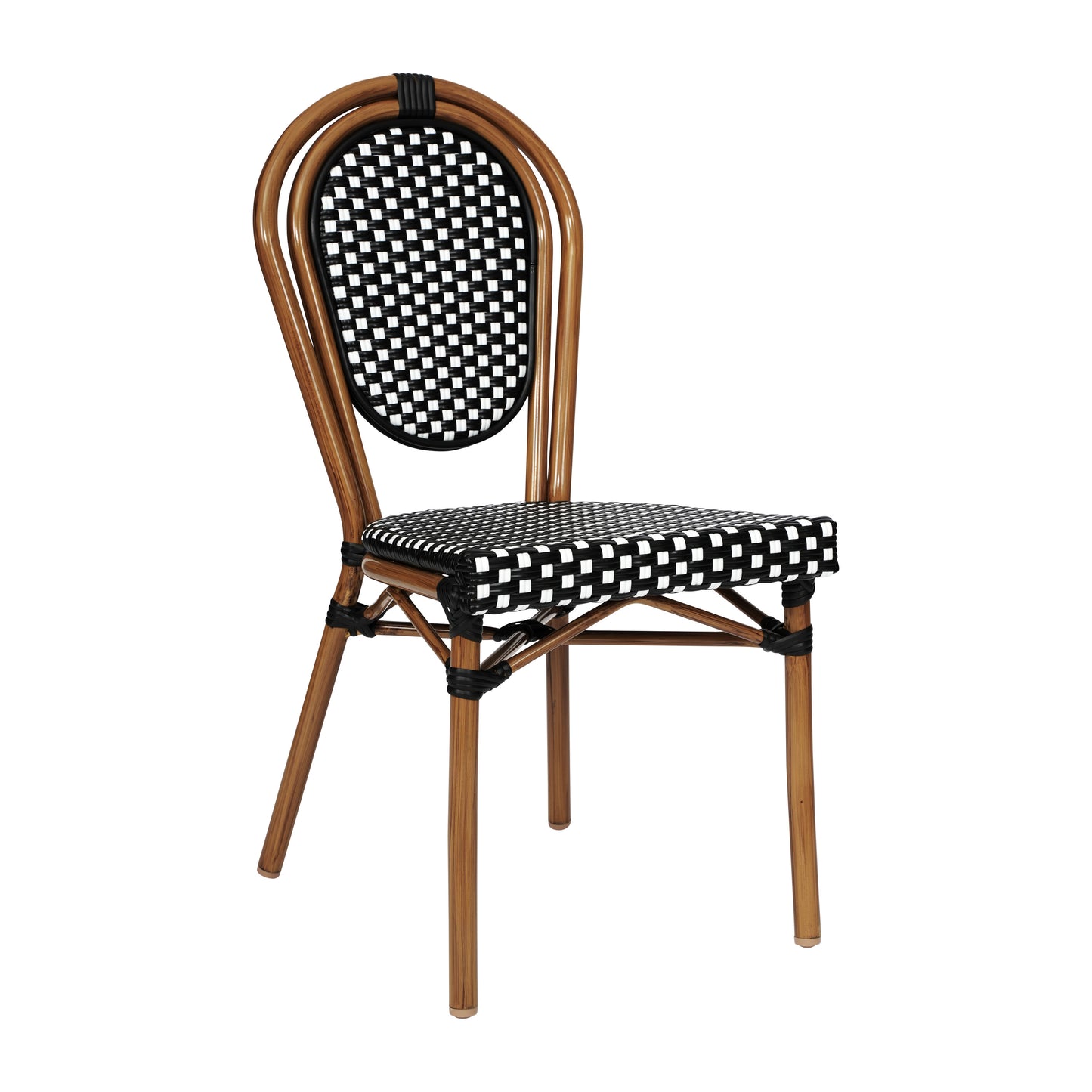 Lourdes Indoor/Outdoor Commercial Thonet Bistro Stacking Chair, Black and White PE Rattan and Bamboo Print Aluminum Frame in Natural Black & White/Natural Frame