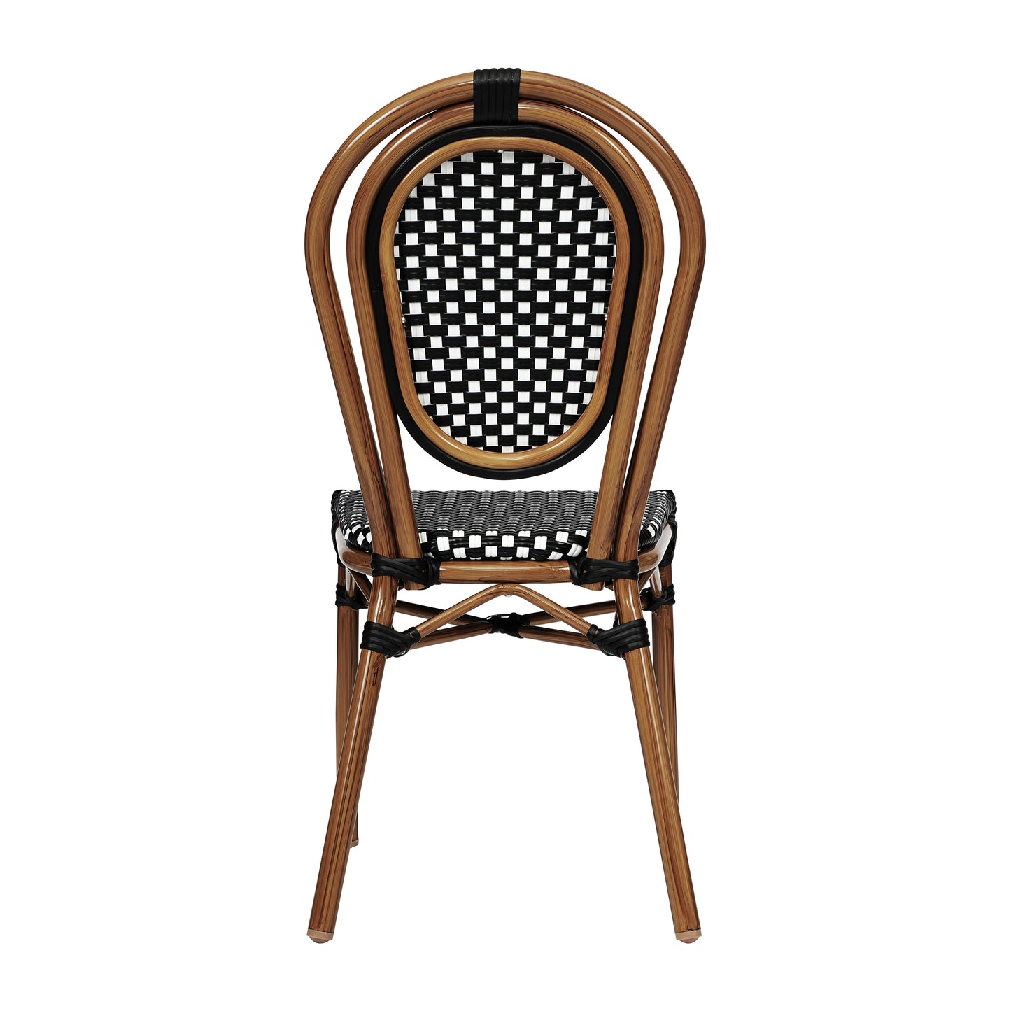 Lourdes Indoor/Outdoor Commercial Thonet Bistro Stacking Chair, Black and White PE Rattan and Bamboo Print Aluminum Frame in Natural Black & White/Natural Frame