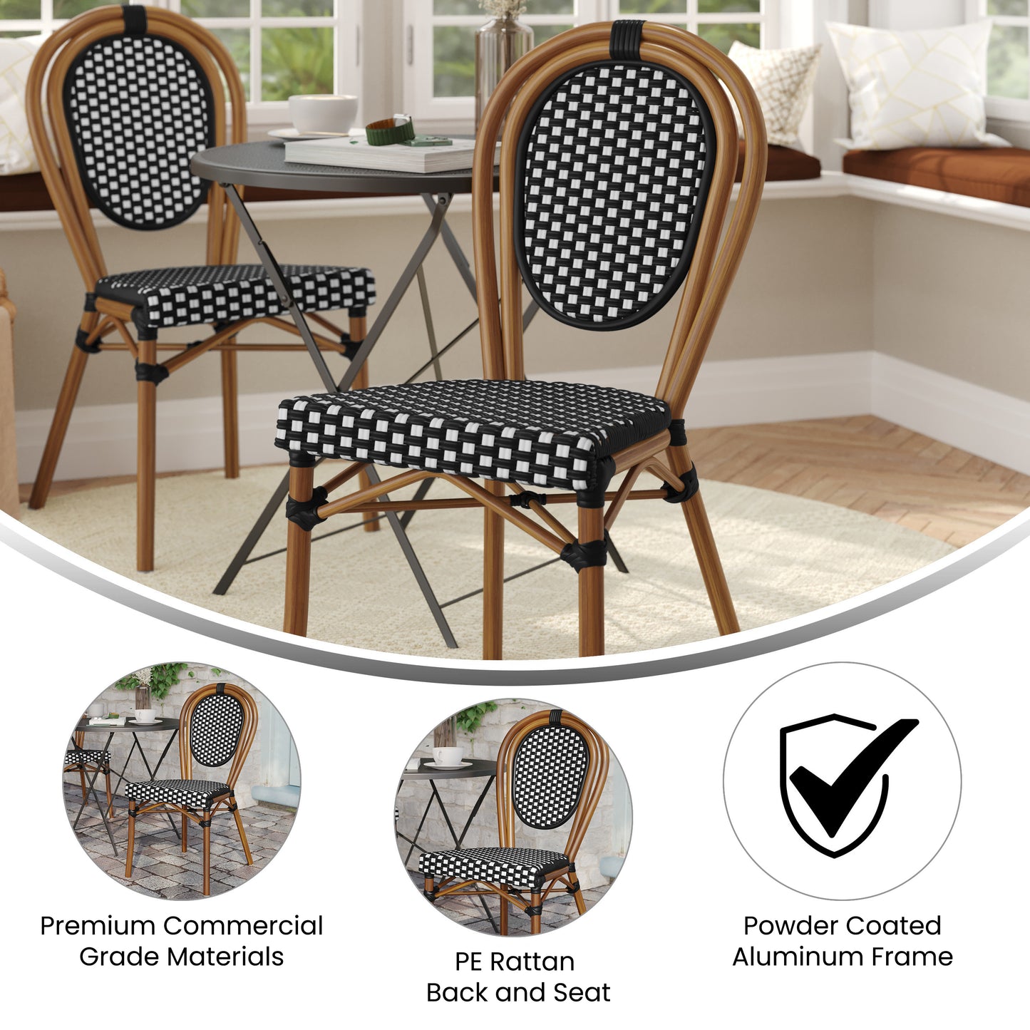 Lourdes Indoor/Outdoor Commercial Thonet Bistro Stacking Chair, Black and White PE Rattan and Bamboo Print Aluminum Frame in Natural Black & White/Natural Frame