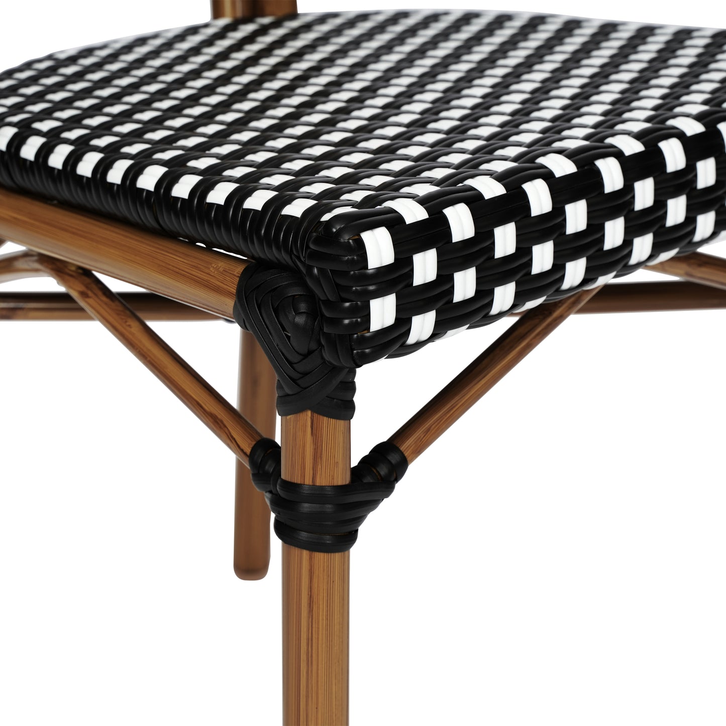 Lourdes Indoor/Outdoor Commercial Thonet Bistro Stacking Chair, Black and White PE Rattan and Bamboo Print Aluminum Frame in Natural Black & White/Natural Frame