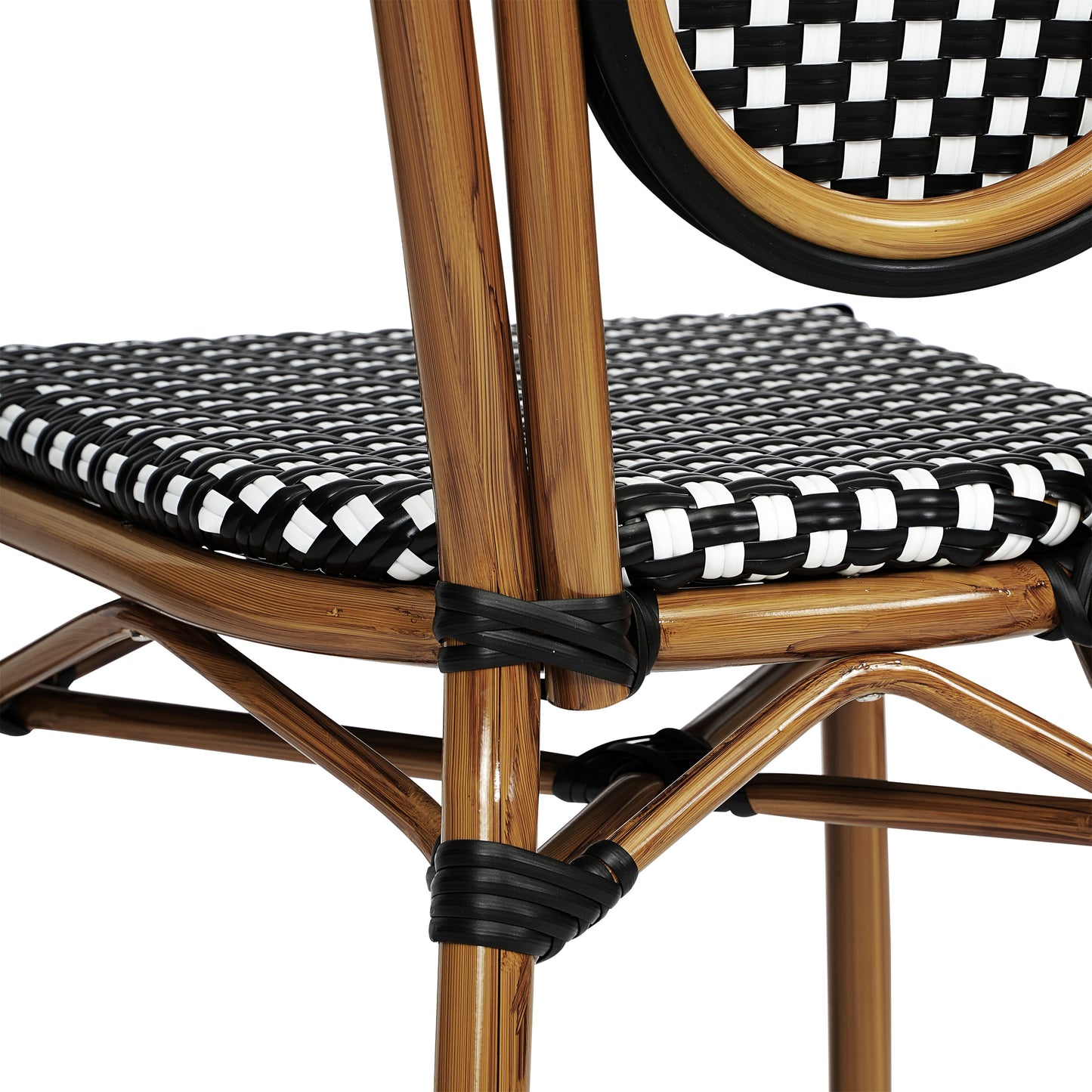 Lourdes Indoor/Outdoor Commercial Thonet Bistro Stacking Chair, Black and White PE Rattan and Bamboo Print Aluminum Frame in Natural Black & White/Natural Frame