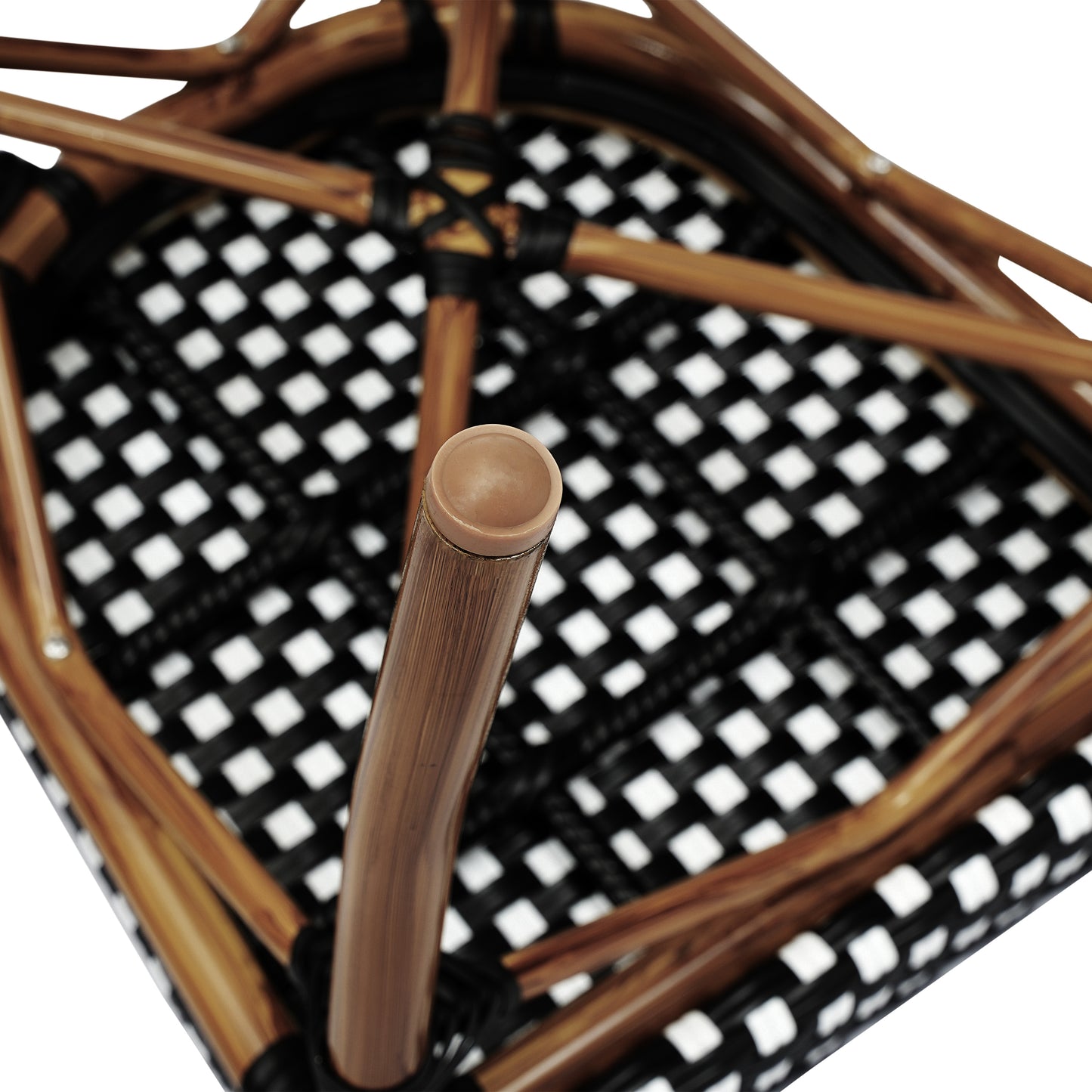 Lourdes Indoor/Outdoor Commercial Thonet Bistro Stacking Chair, Black and White PE Rattan and Bamboo Print Aluminum Frame in Natural Black & White/Natural Frame