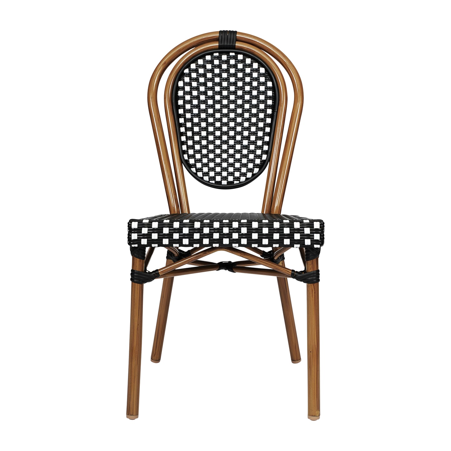 Lourdes Indoor/Outdoor Commercial Thonet Bistro Stacking Chair, Black and White PE Rattan and Bamboo Print Aluminum Frame in Natural Black & White/Natural Frame