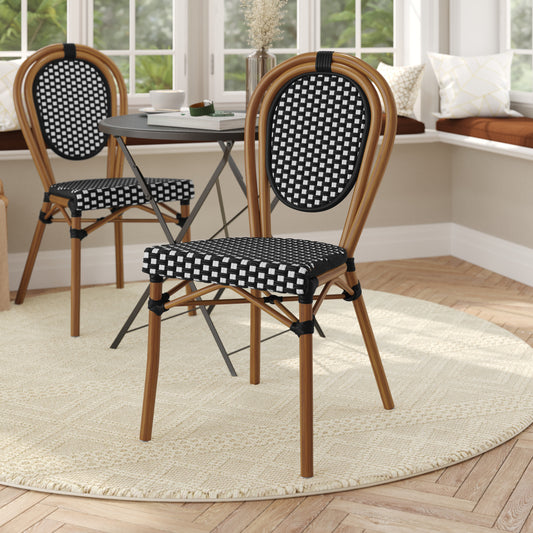 Lourdes Indoor/Outdoor Commercial Thonet Bistro Stacking Chair, Black and White PE Rattan and Bamboo Print Aluminum Frame in Natural Black & White/Natural Frame