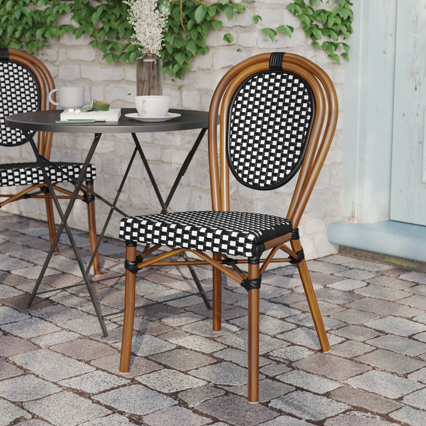 Lourdes Indoor/Outdoor Commercial Thonet Bistro Stacking Chair, Black and White PE Rattan and Bamboo Print Aluminum Frame in Natural Black & White/Natural Frame
