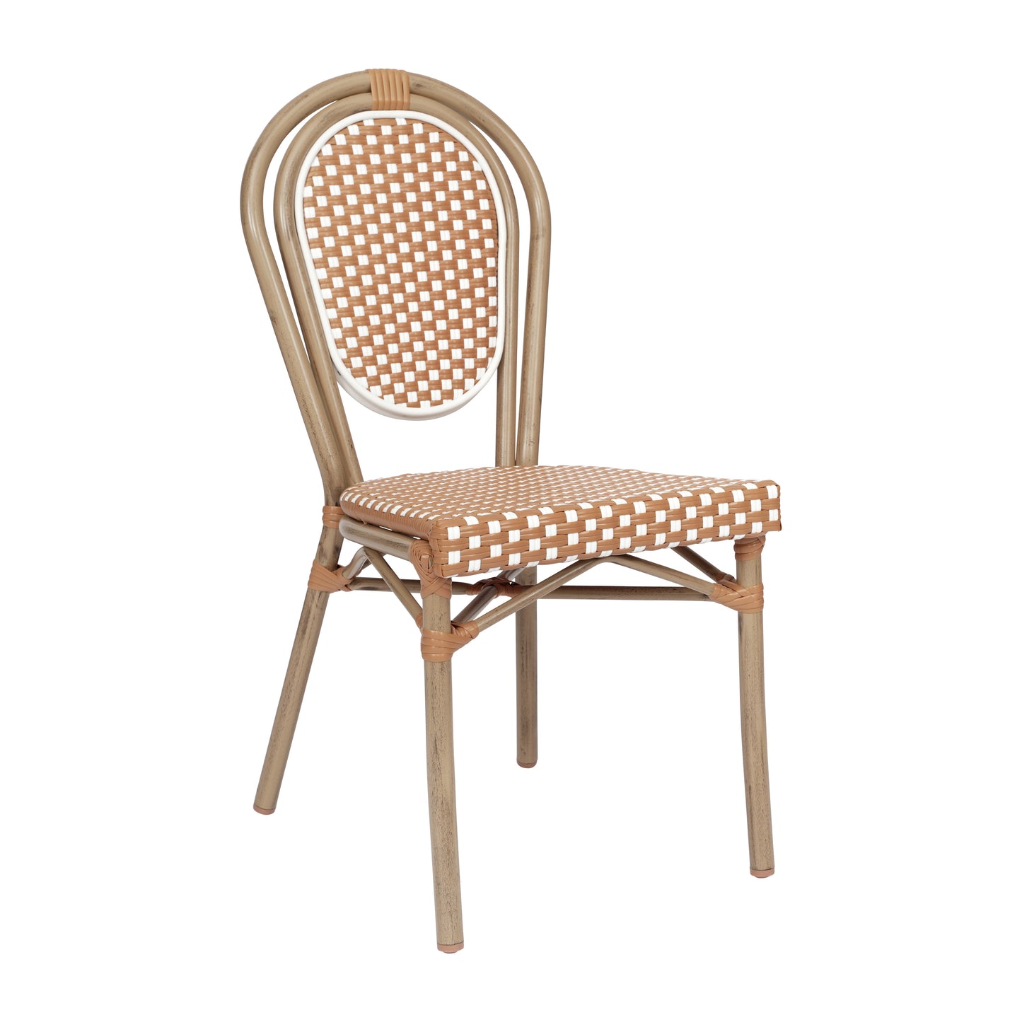 Lourdes Indoor/Outdoor Commercial Thonet Bistro Stacking Chair, Natural/White PE Rattan and Bamboo Print Aluminum Frame in Light Natural Natural & White/Light Natural Frame