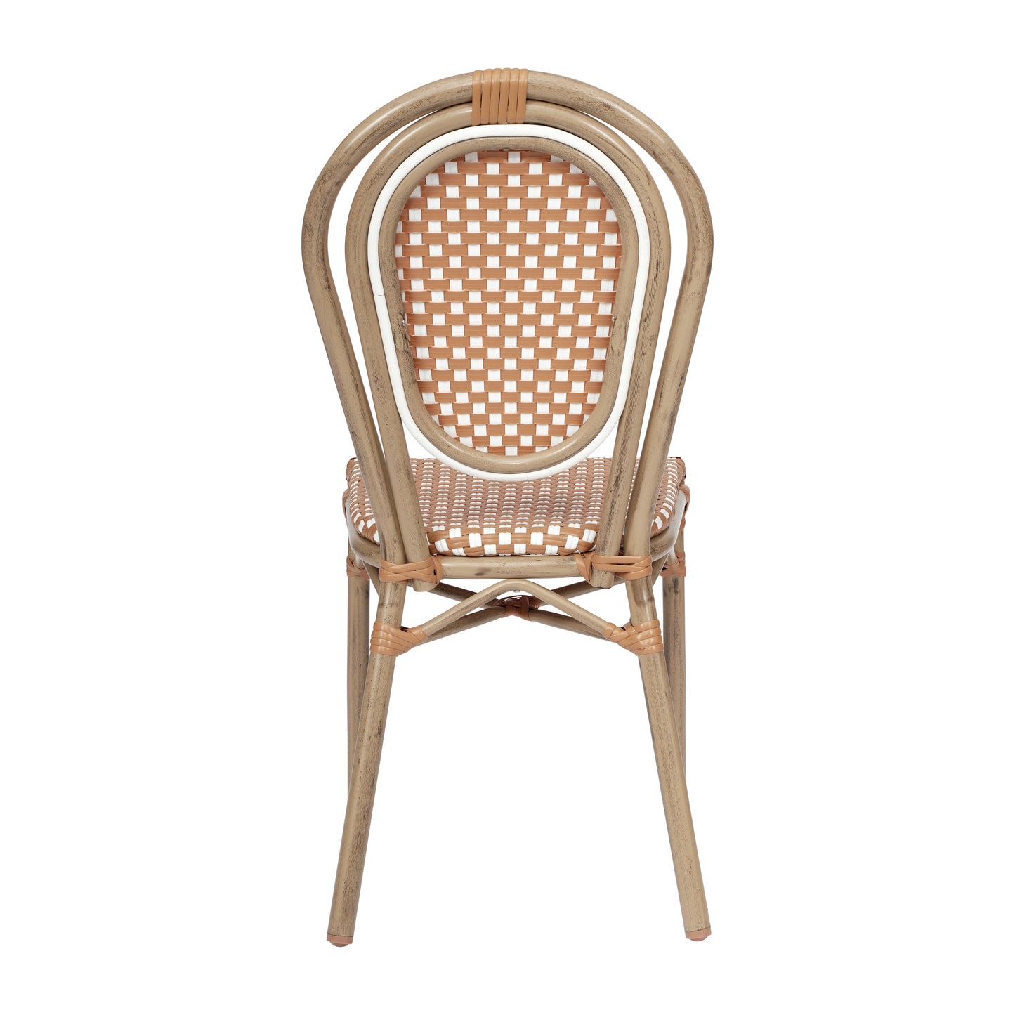 Lourdes Indoor/Outdoor Commercial Thonet Bistro Stacking Chair, Natural/White PE Rattan and Bamboo Print Aluminum Frame in Light Natural Natural & White/Light Natural Frame