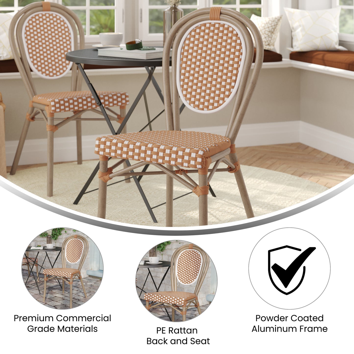 Lourdes Indoor/Outdoor Commercial Thonet Bistro Stacking Chair, Natural/White PE Rattan and Bamboo Print Aluminum Frame in Light Natural Natural & White/Light Natural Frame