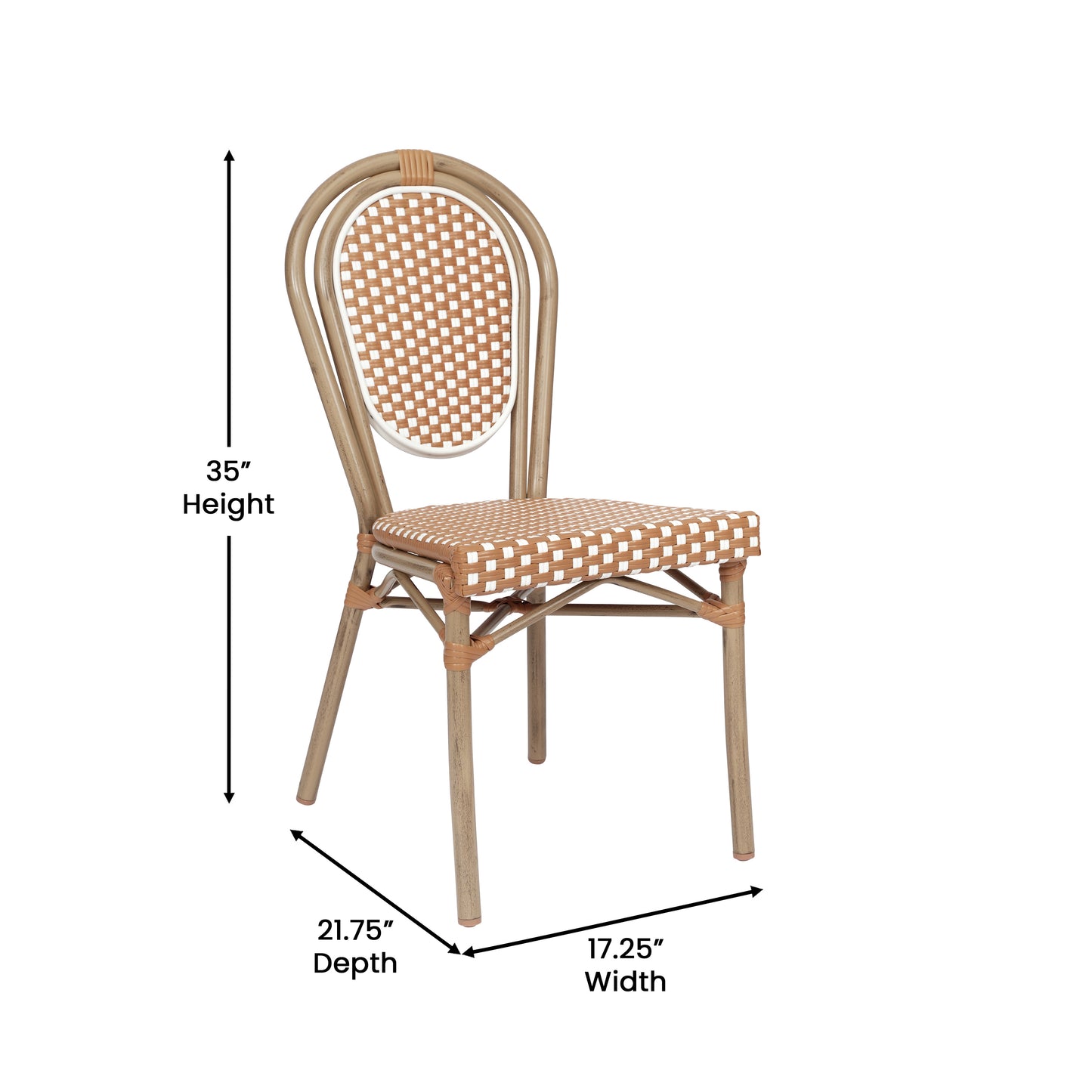 Lourdes Indoor/Outdoor Commercial Thonet Bistro Stacking Chair, Natural/White PE Rattan and Bamboo Print Aluminum Frame in Light Natural Natural & White/Light Natural Frame