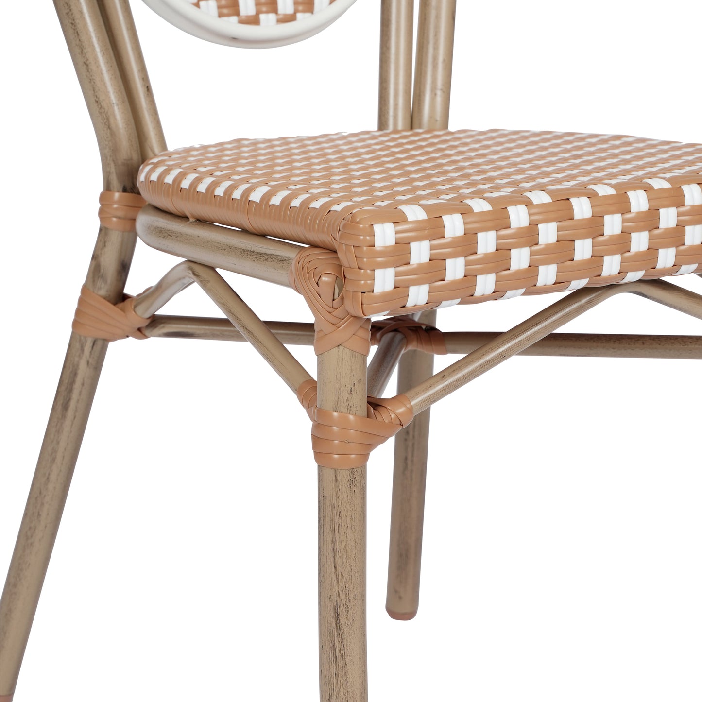 Lourdes Indoor/Outdoor Commercial Thonet Bistro Stacking Chair, Natural/White PE Rattan and Bamboo Print Aluminum Frame in Light Natural Natural & White/Light Natural Frame