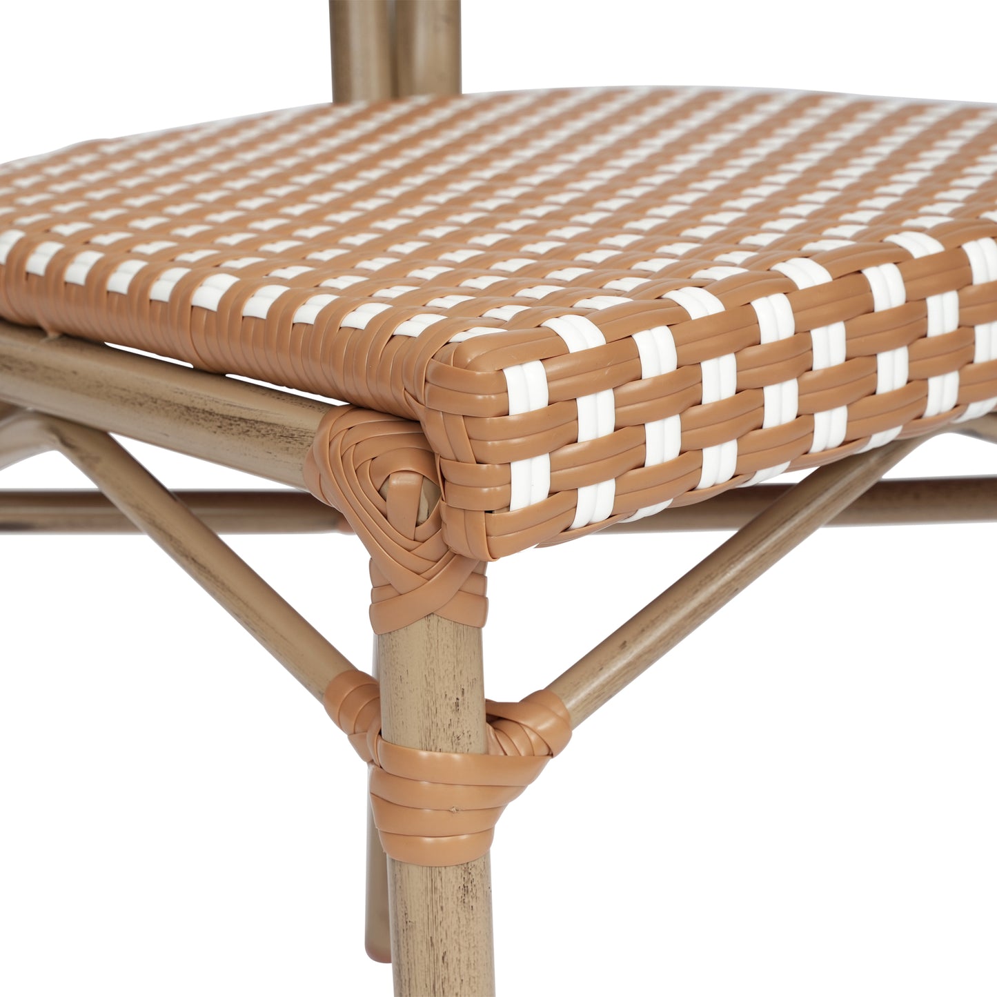 Lourdes Indoor/Outdoor Commercial Thonet Bistro Stacking Chair, Natural/White PE Rattan and Bamboo Print Aluminum Frame in Light Natural Natural & White/Light Natural Frame