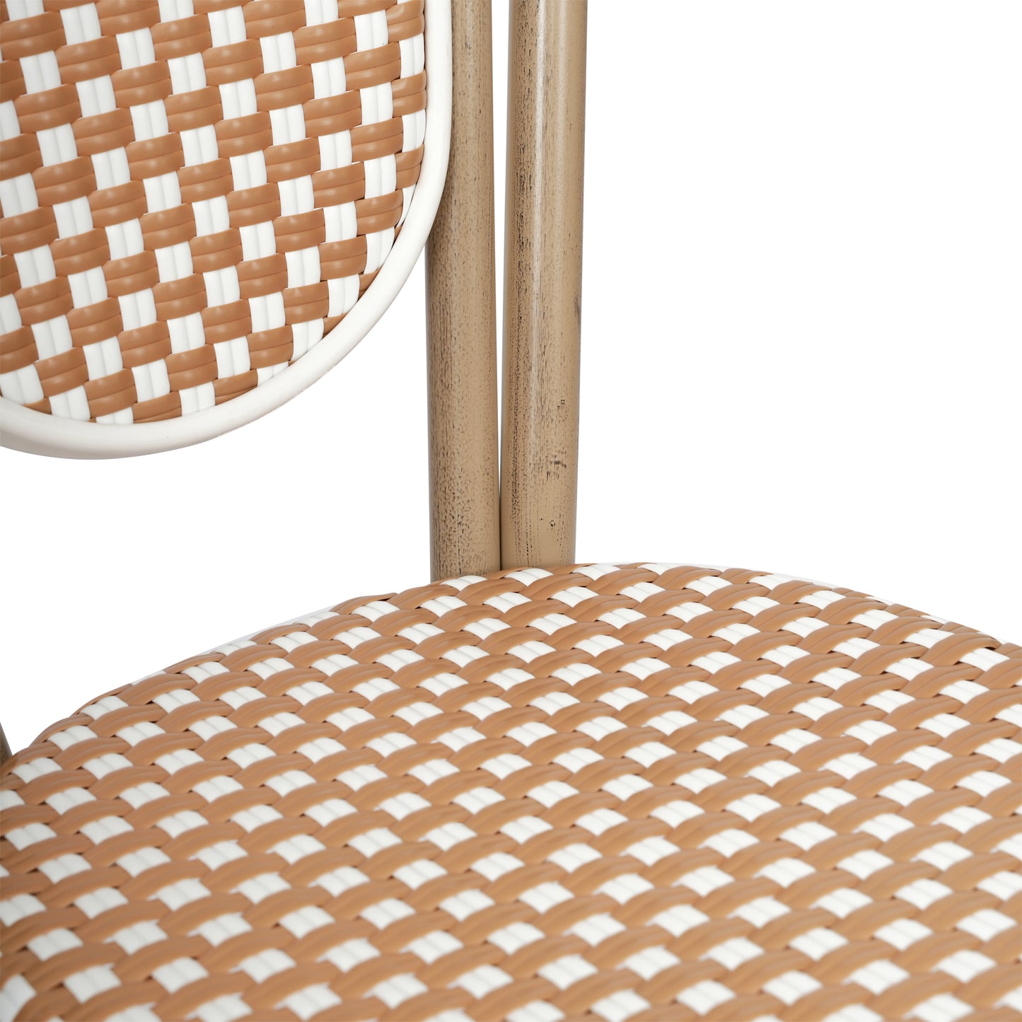 Lourdes Indoor/Outdoor Commercial Thonet Bistro Stacking Chair, Natural/White PE Rattan and Bamboo Print Aluminum Frame in Light Natural Natural & White/Light Natural Frame