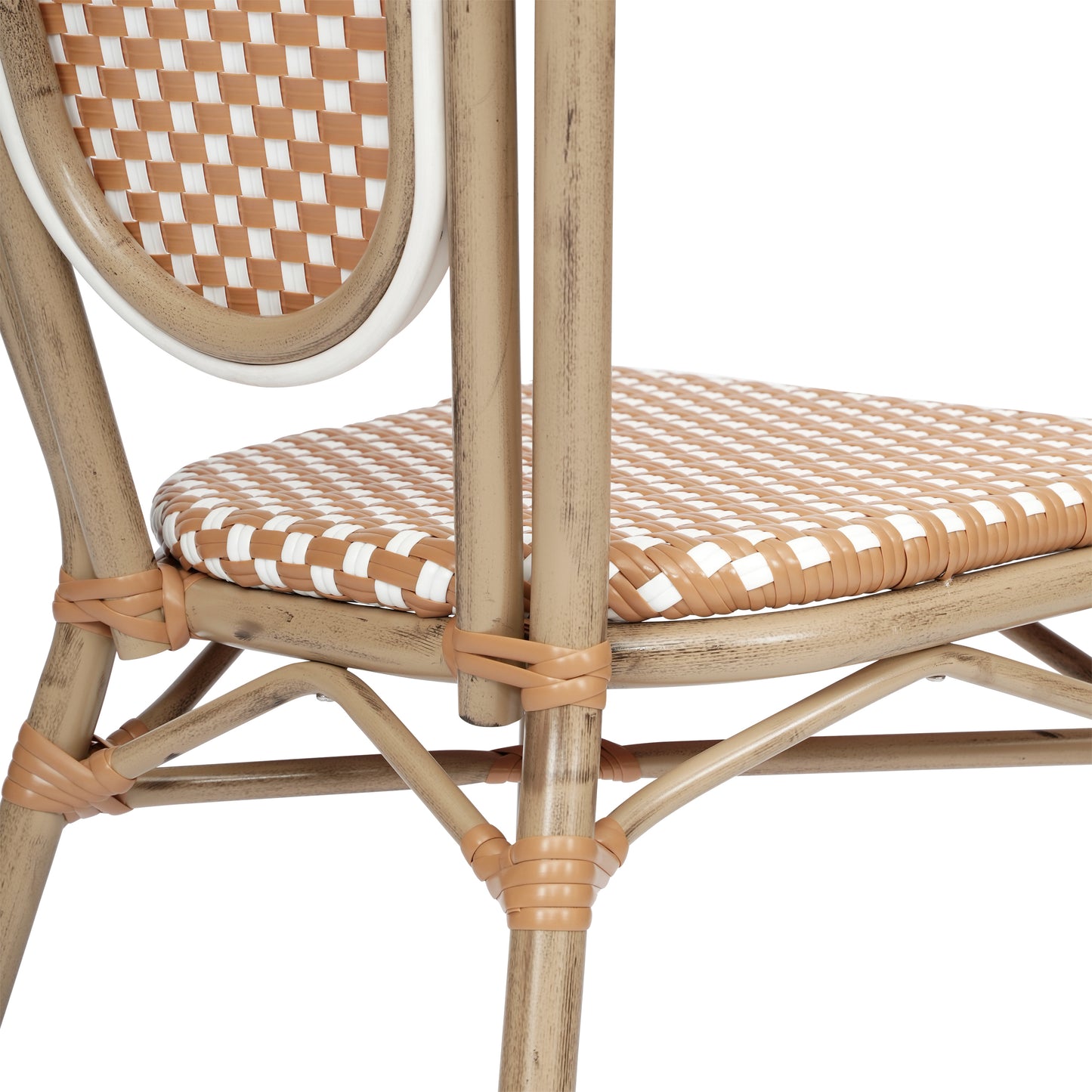 Lourdes Indoor/Outdoor Commercial Thonet Bistro Stacking Chair, Natural/White PE Rattan and Bamboo Print Aluminum Frame in Light Natural Natural & White/Light Natural Frame