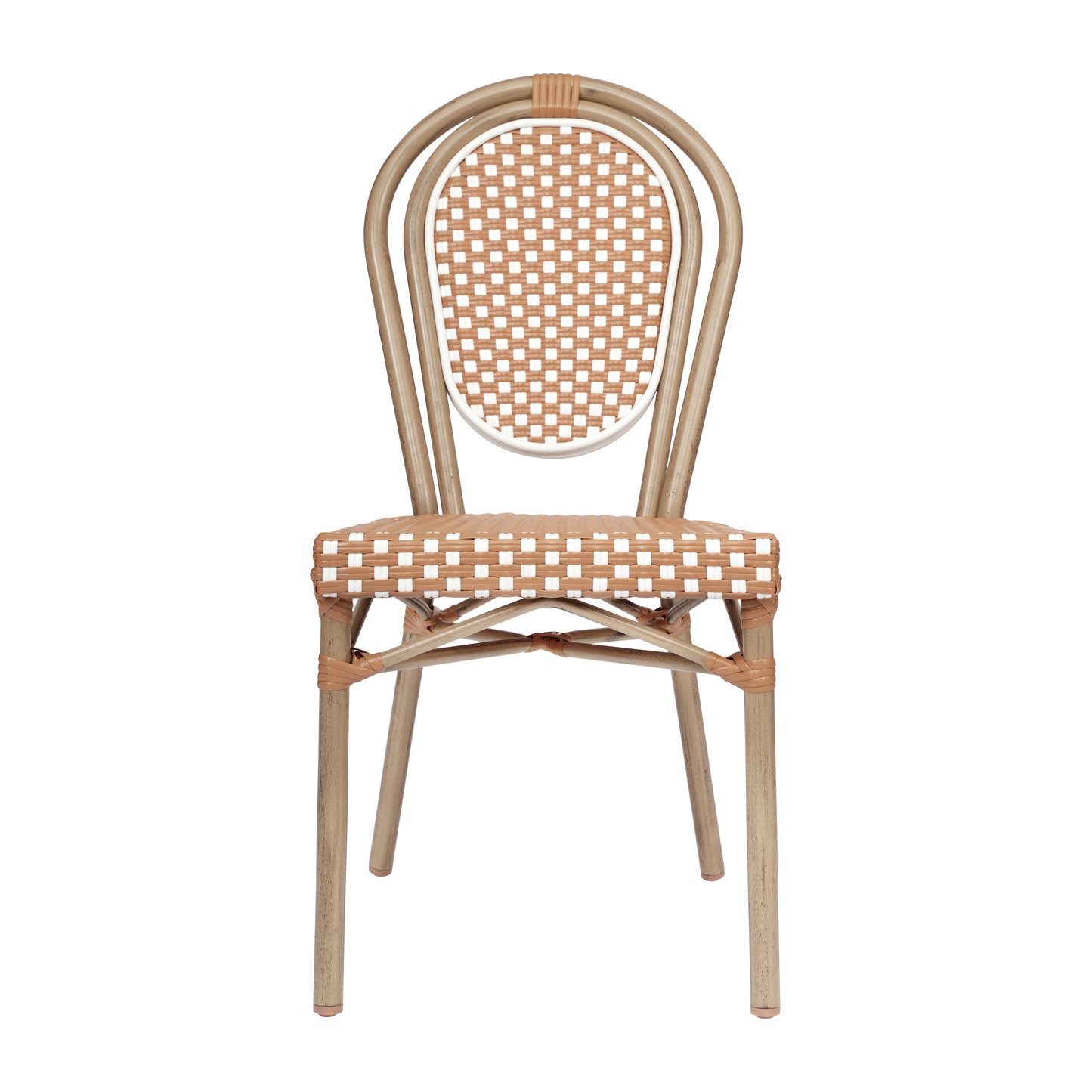 Lourdes Indoor/Outdoor Commercial Thonet Bistro Stacking Chair, Natural/White PE Rattan and Bamboo Print Aluminum Frame in Light Natural Natural & White/Light Natural Frame
