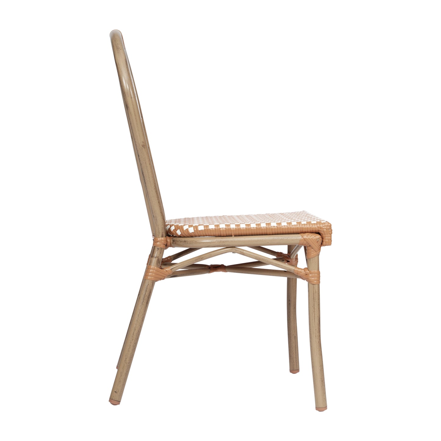 Lourdes Indoor/Outdoor Commercial Thonet Bistro Stacking Chair, Natural/White PE Rattan and Bamboo Print Aluminum Frame in Light Natural Natural & White/Light Natural Frame