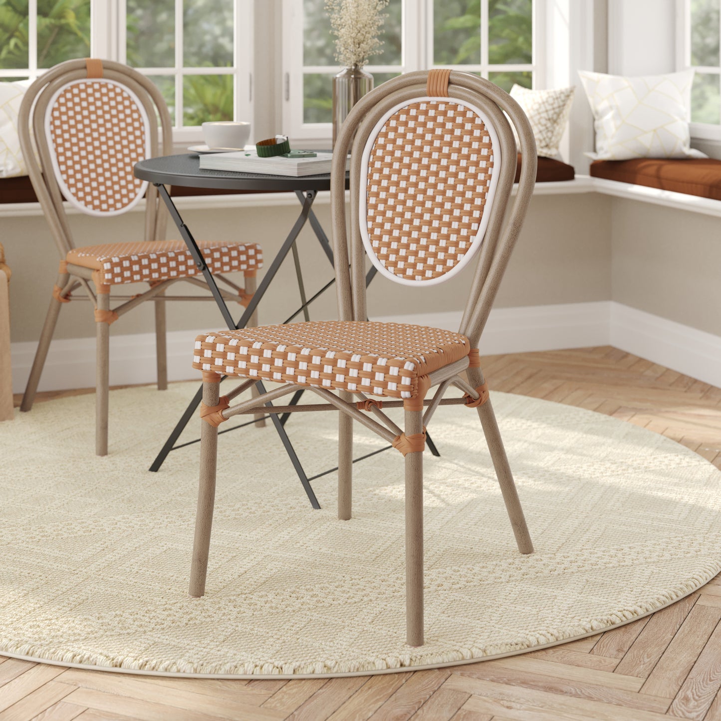 Lourdes Indoor/Outdoor Commercial Thonet Bistro Stacking Chair, Natural/White PE Rattan and Bamboo Print Aluminum Frame in Light Natural Natural & White/Light Natural Frame