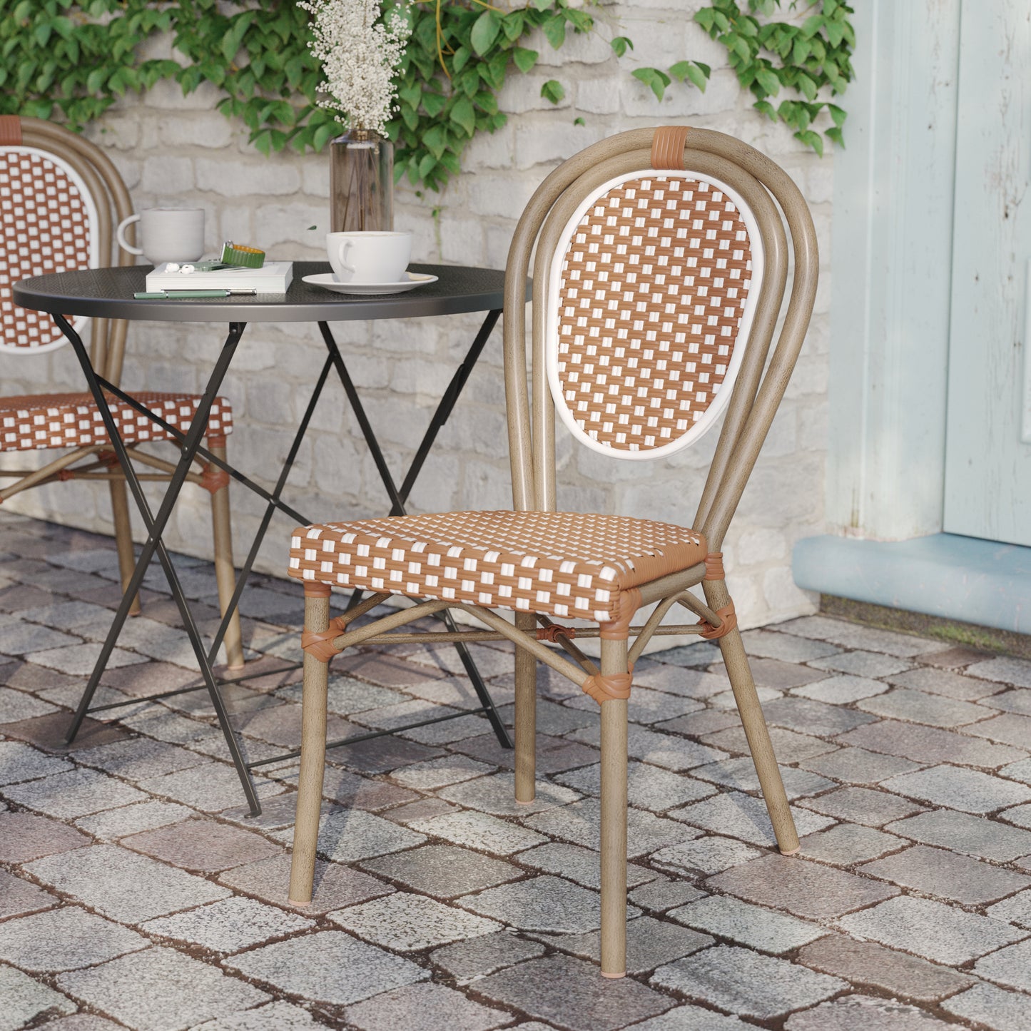 Lourdes Indoor/Outdoor Commercial Thonet Bistro Stacking Chair, Natural/White PE Rattan and Bamboo Print Aluminum Frame in Light Natural Natural & White/Light Natural Frame