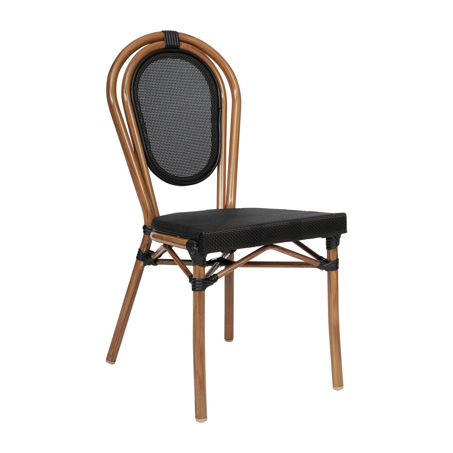 Marseille Indoor/Outdoor Commercial Thonet Bistro Stacking Chair, Black Textilene and Bamboo Print Aluminum Frame in Natural Black/Natural Frame